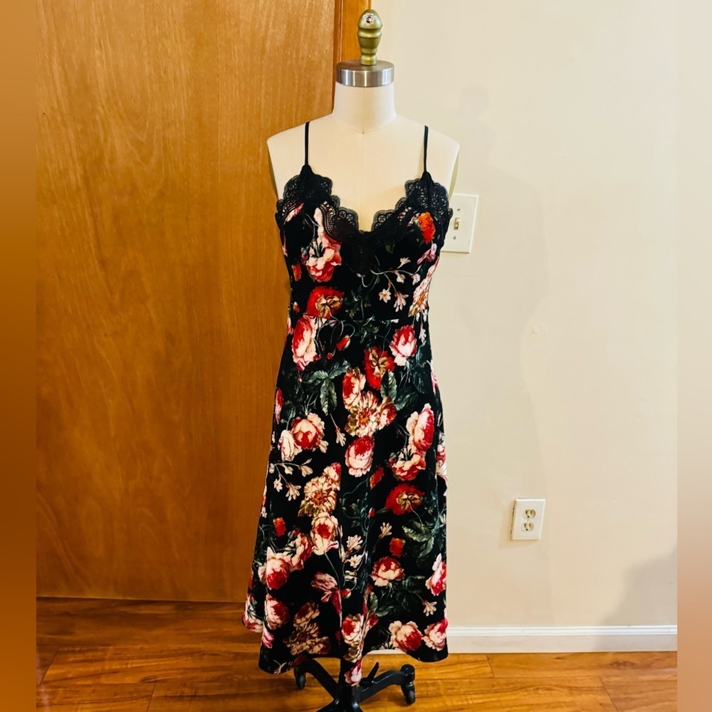 foxiedox Black Floral Midi Dress with Pink & Green Accents